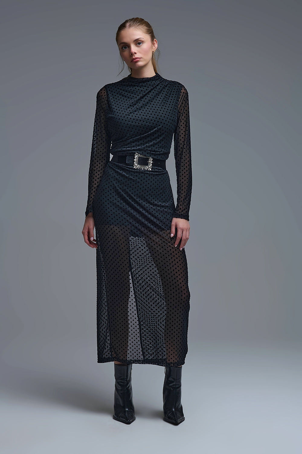 Q2 Vestito midi chic nero a pois trasparenti