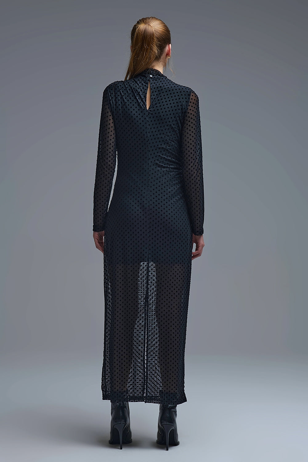 Vestito midi chic nero a pois trasparenti