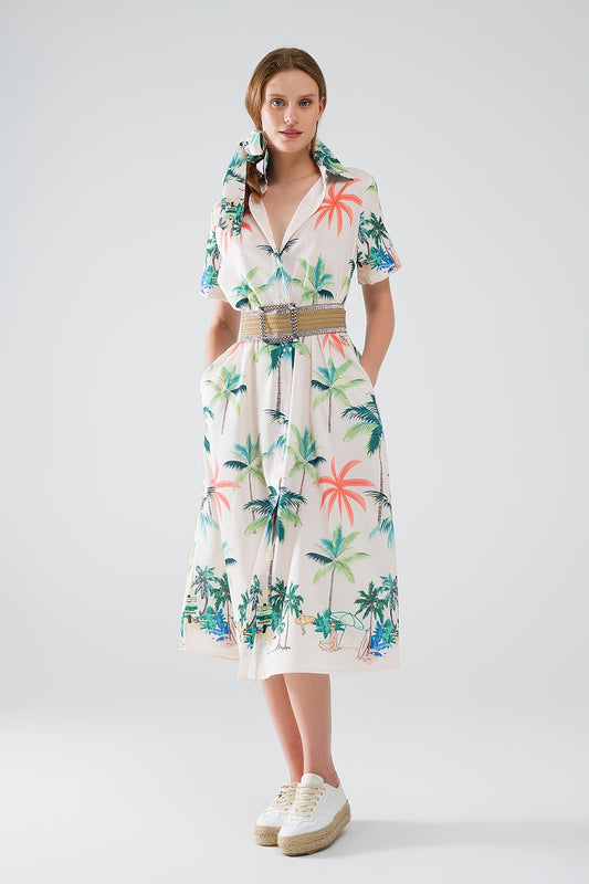Q2 Vestito midi color crema con stampa spiaggia e colletto a polo