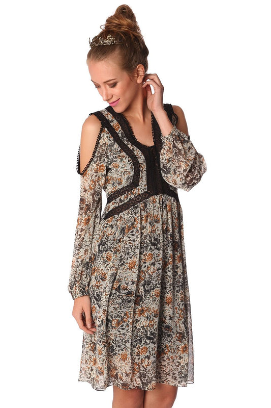 Q2 Vestito midi con stampa floreale blu e inserti all'uncinetto
