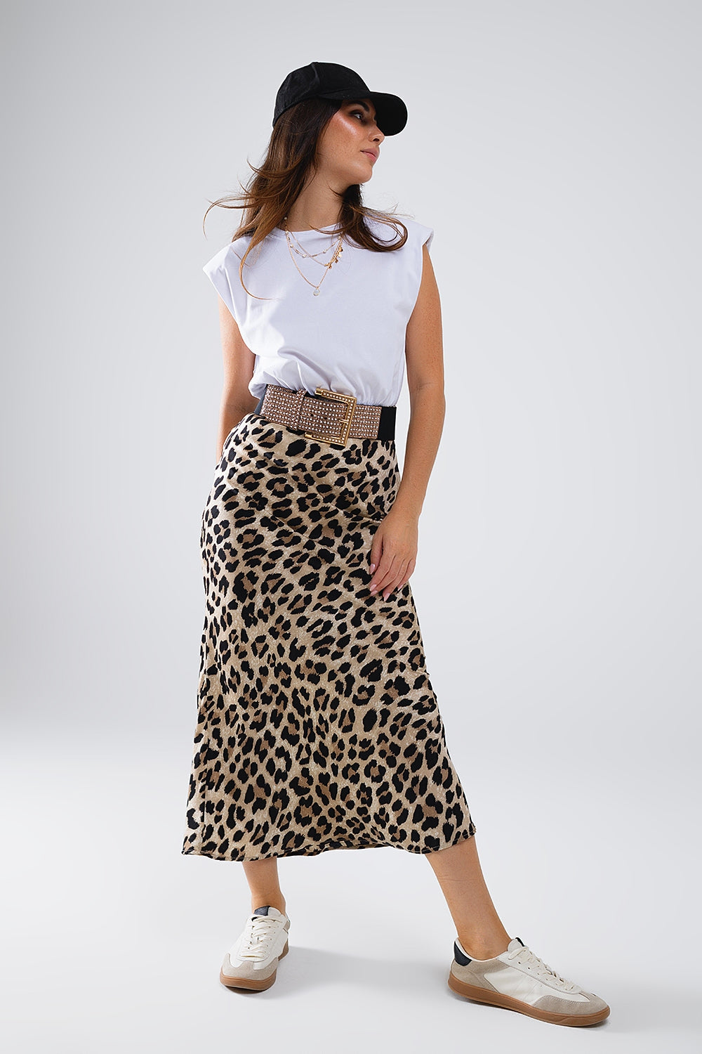 Vestito midi in raso a contrasto con stampa leopardo