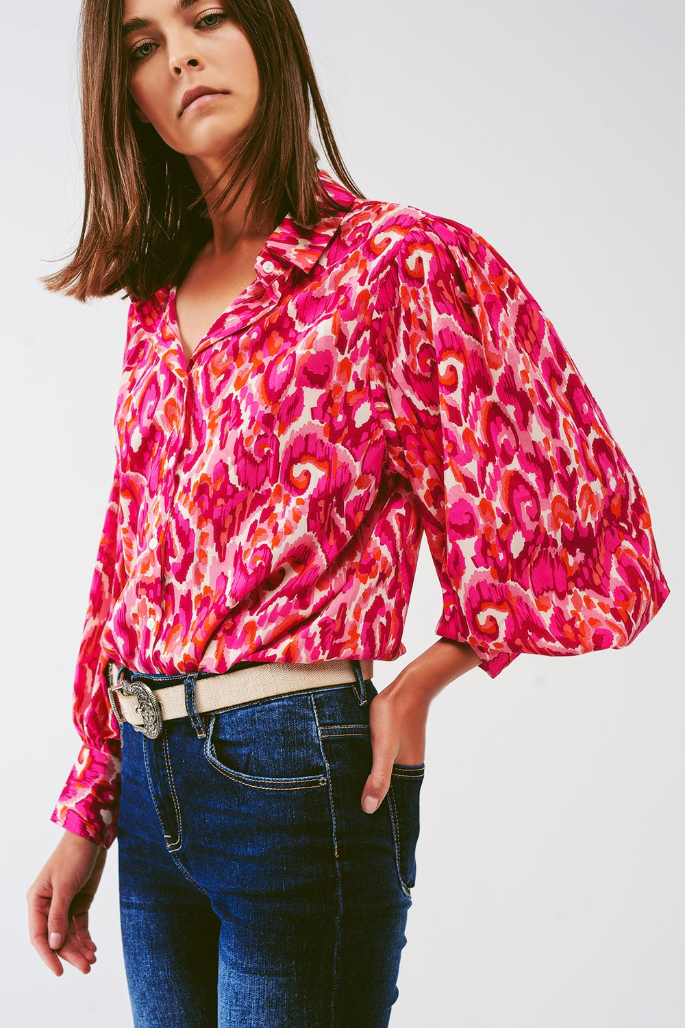 Blusa a stampa floreale con maniche voluminose in rosa