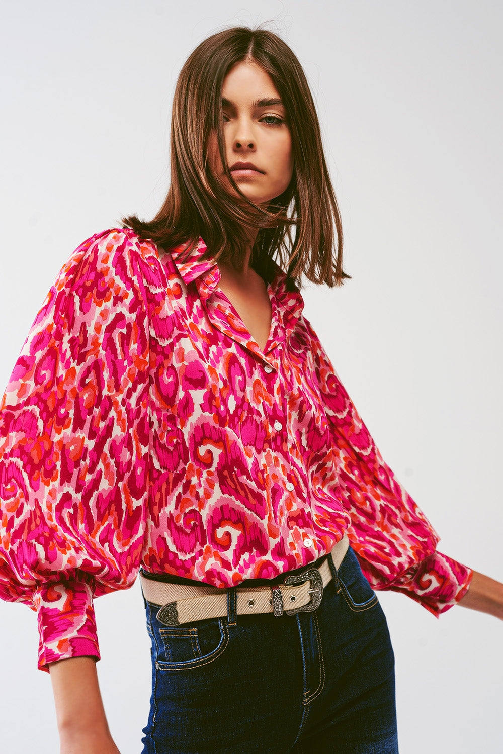 Q2 Blusa a stampa floreale con maniche voluminose in rosa