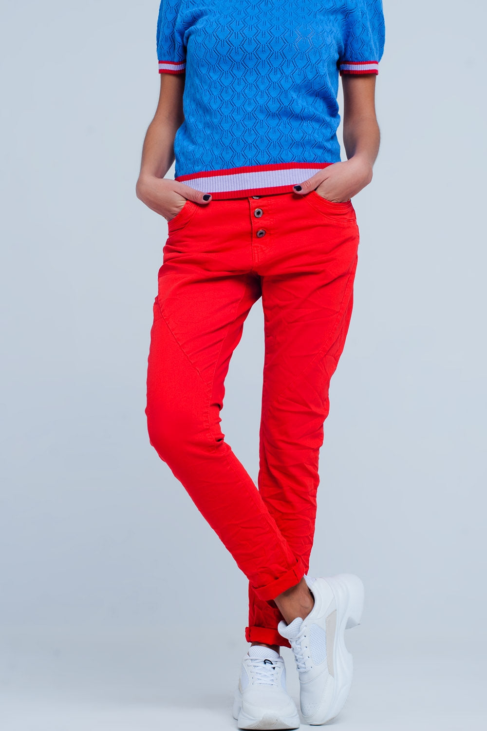 Q2 Boyfriend jeans Colore rosso a vita bassa