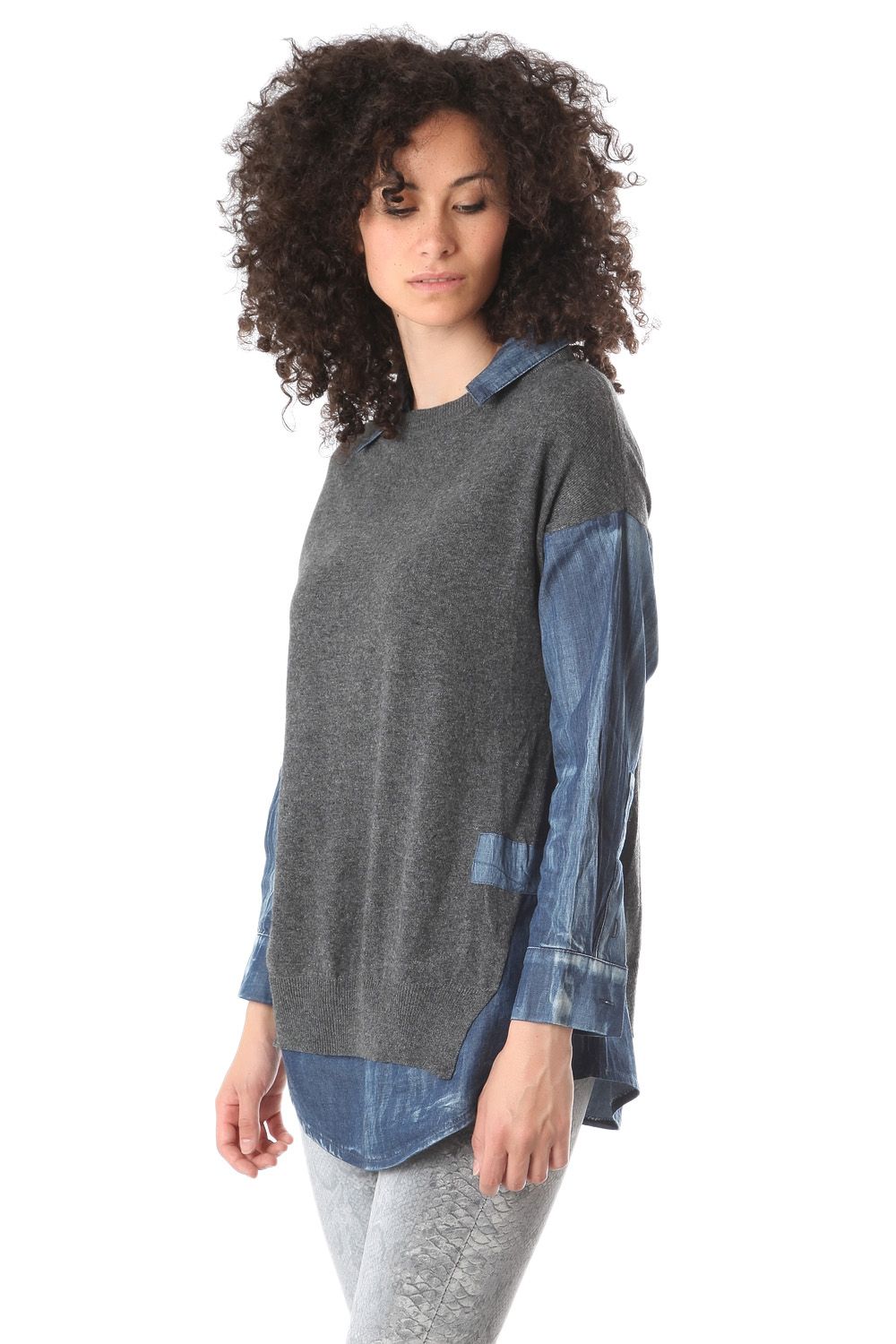 Q2 Camicia di jeans con dettagli di maglia grigio scuro.