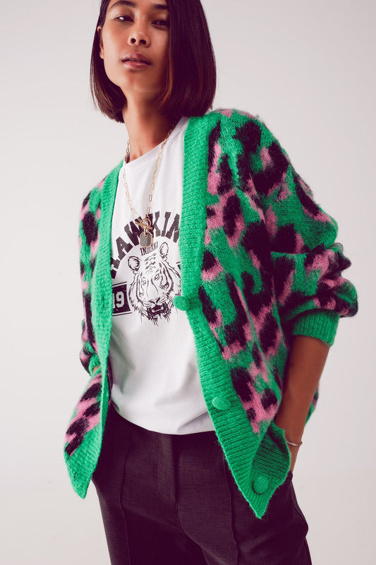 Q2 Cardigan taglio lungo con motivo astratto animalier verde