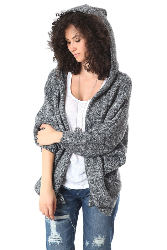 Q2 Cardigan venato nero con cappuccio