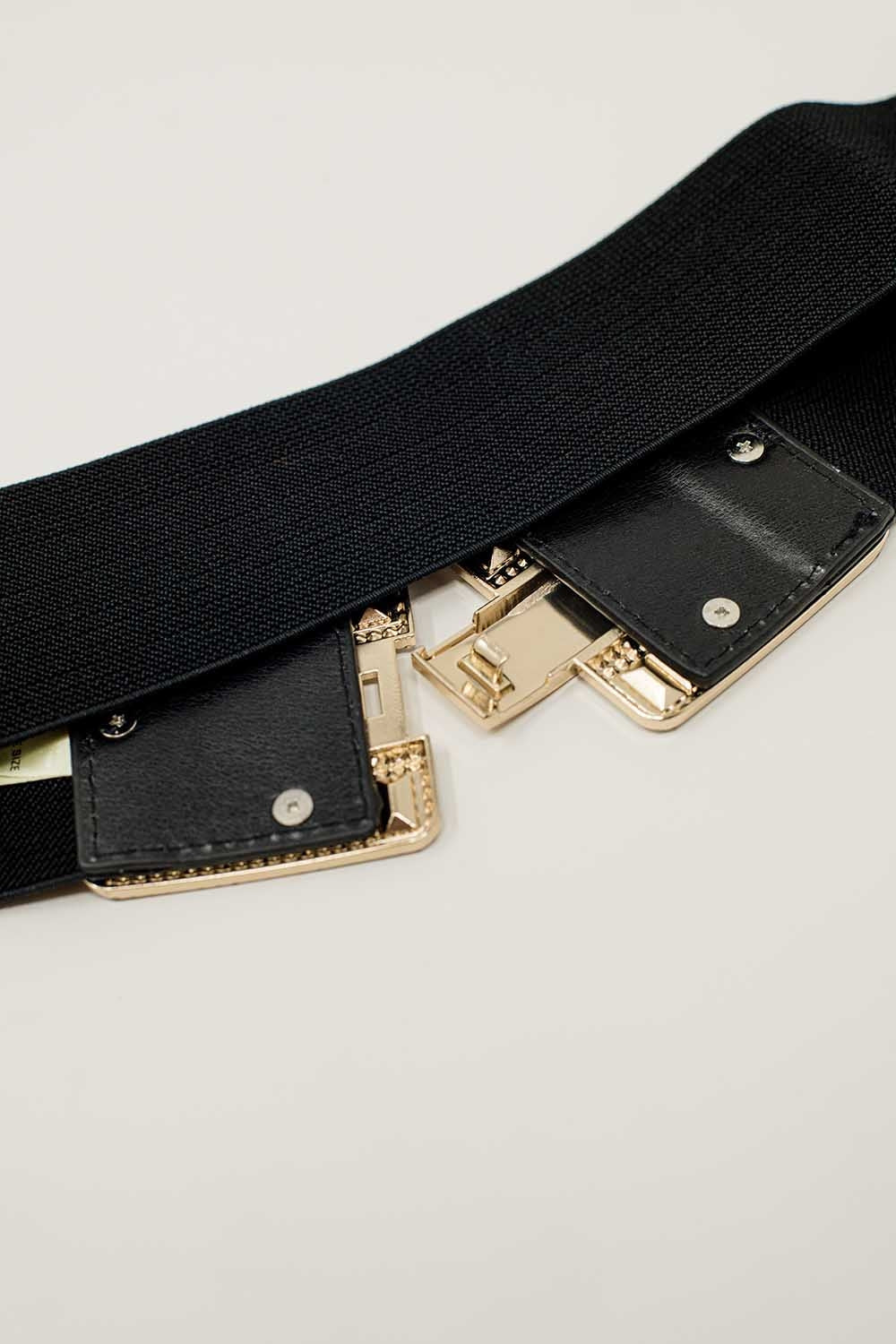 Cintura elastica nera con doppia chiusura a fibbia quadrata in strass e metallo