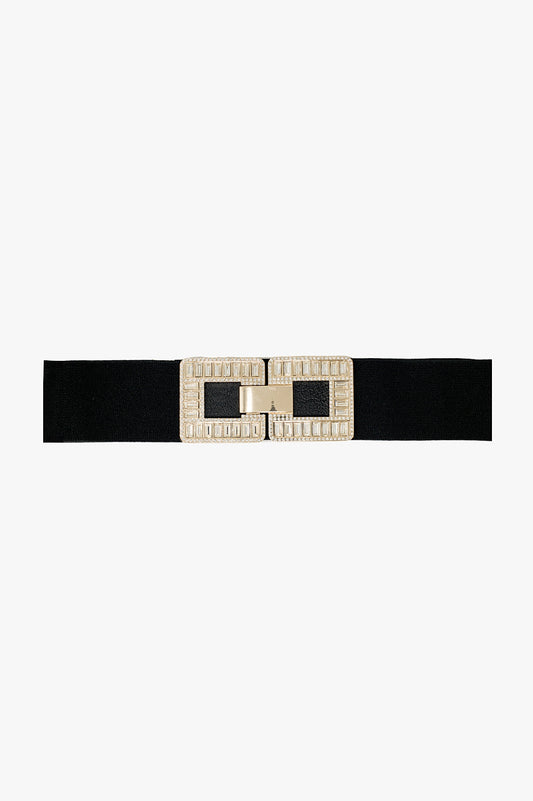 Q2 Cintura elastica nera con doppia chiusura a fibbia quadrata in strass e metallo
