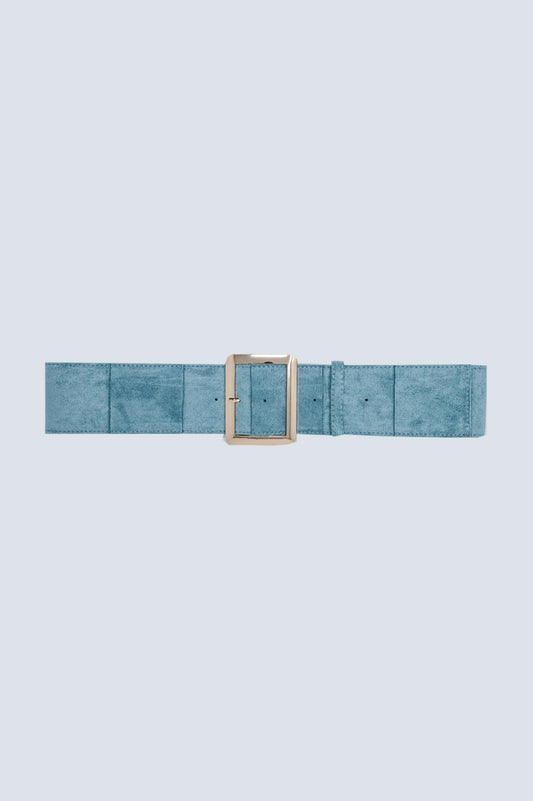 Q2 Cintura in camoscio azzurra con fibbia quadrata