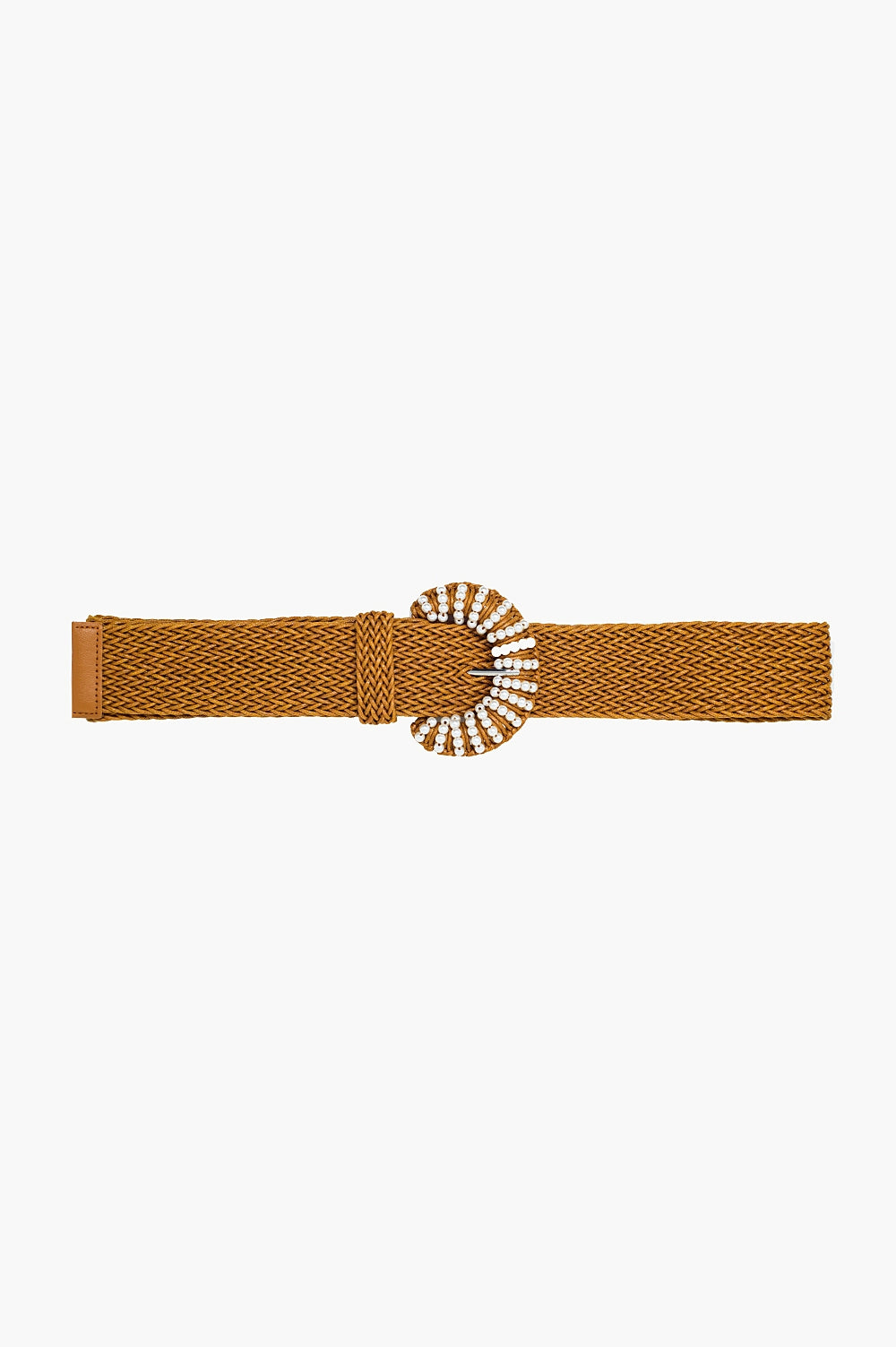 Cintura marrone intrecciata con fibbia arrotondata con perline