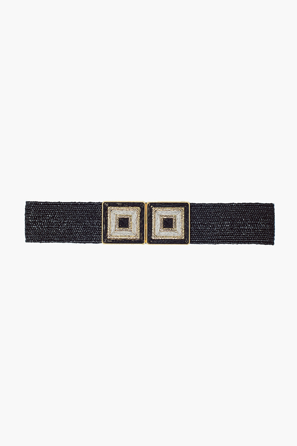 Cintura nera intrecciata con fibbia quadrata con dettagli bianchi e oro