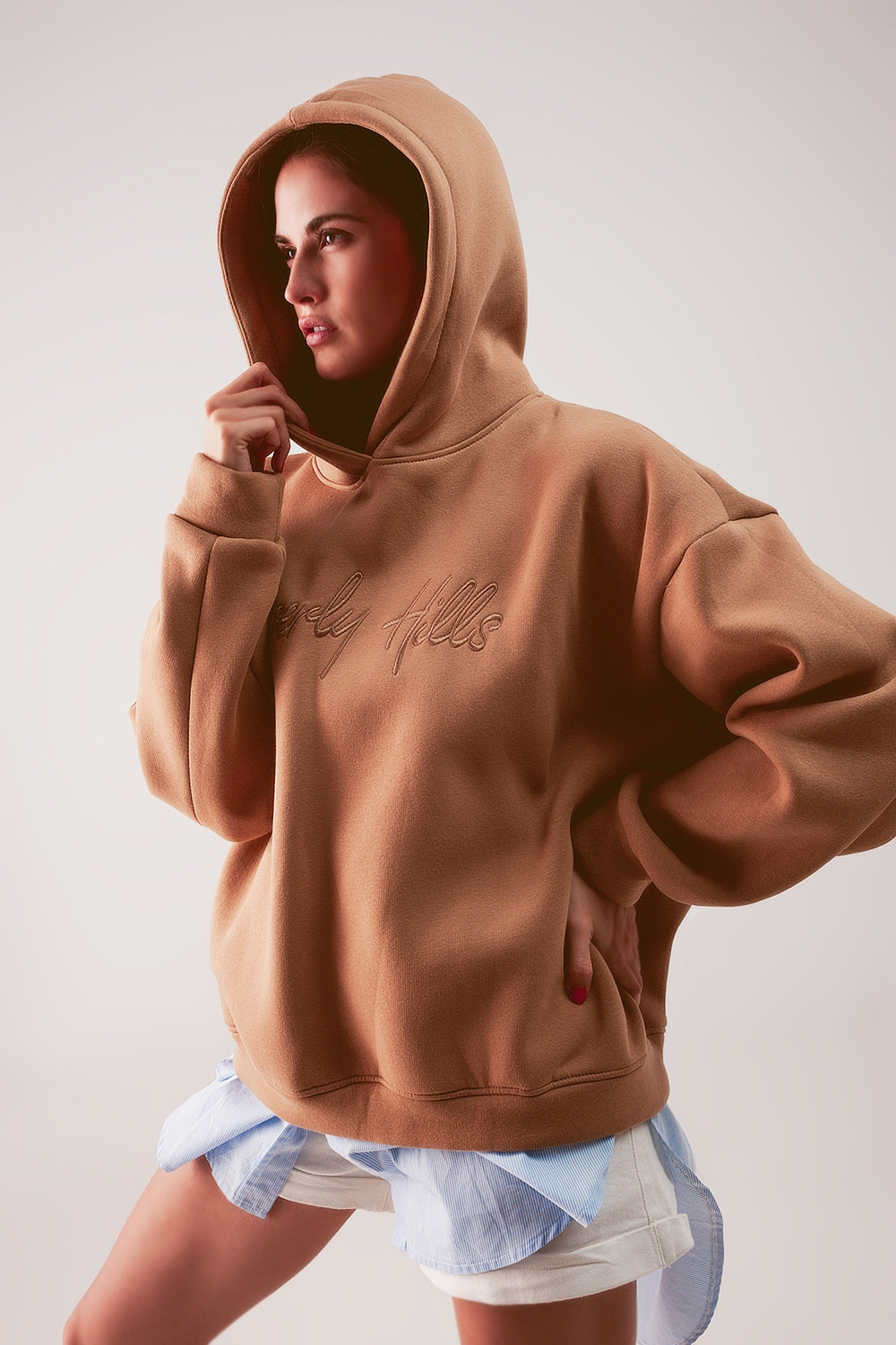 Q2 Felpa con cappuccio boyfriend oversize beige