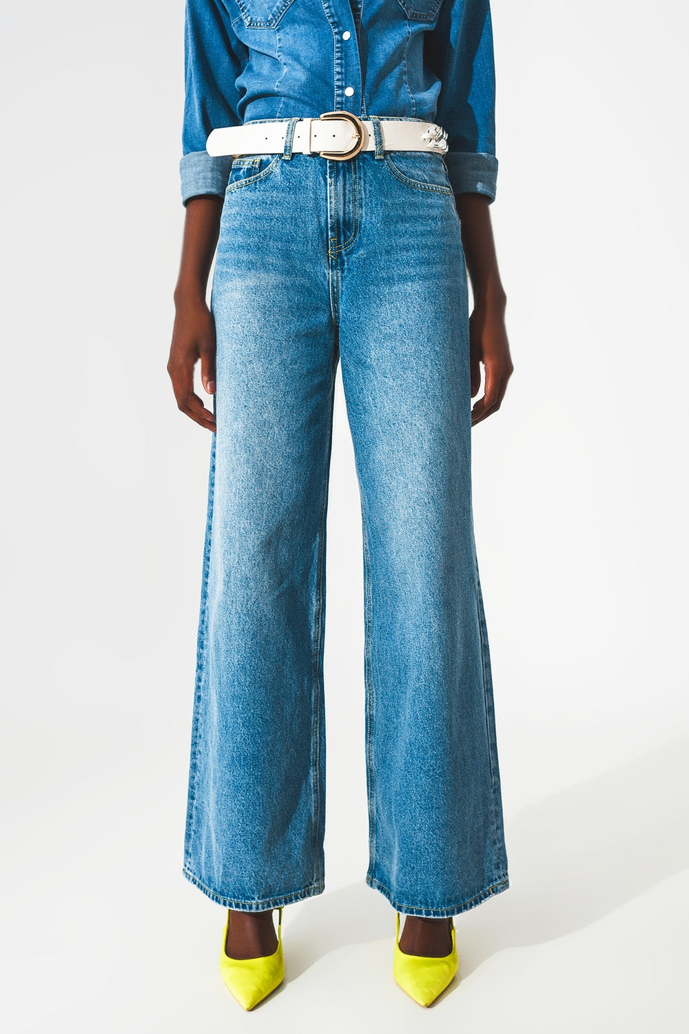 Q2 Jeans a fondo ampio in cotone blu