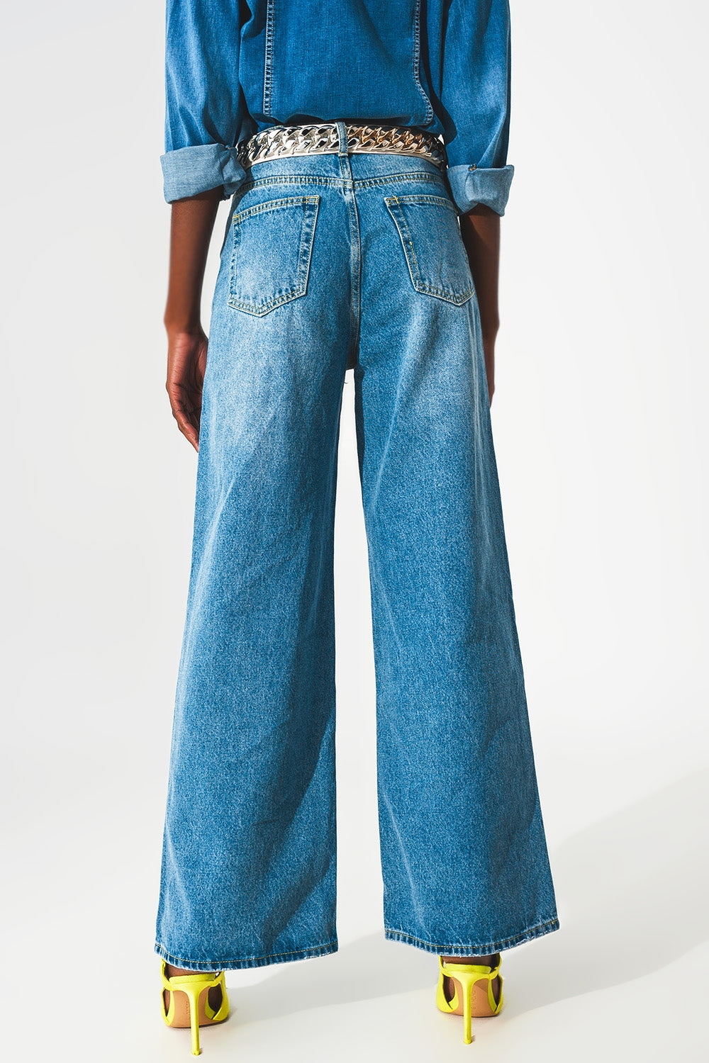 Jeans a fondo ampio in cotone blu