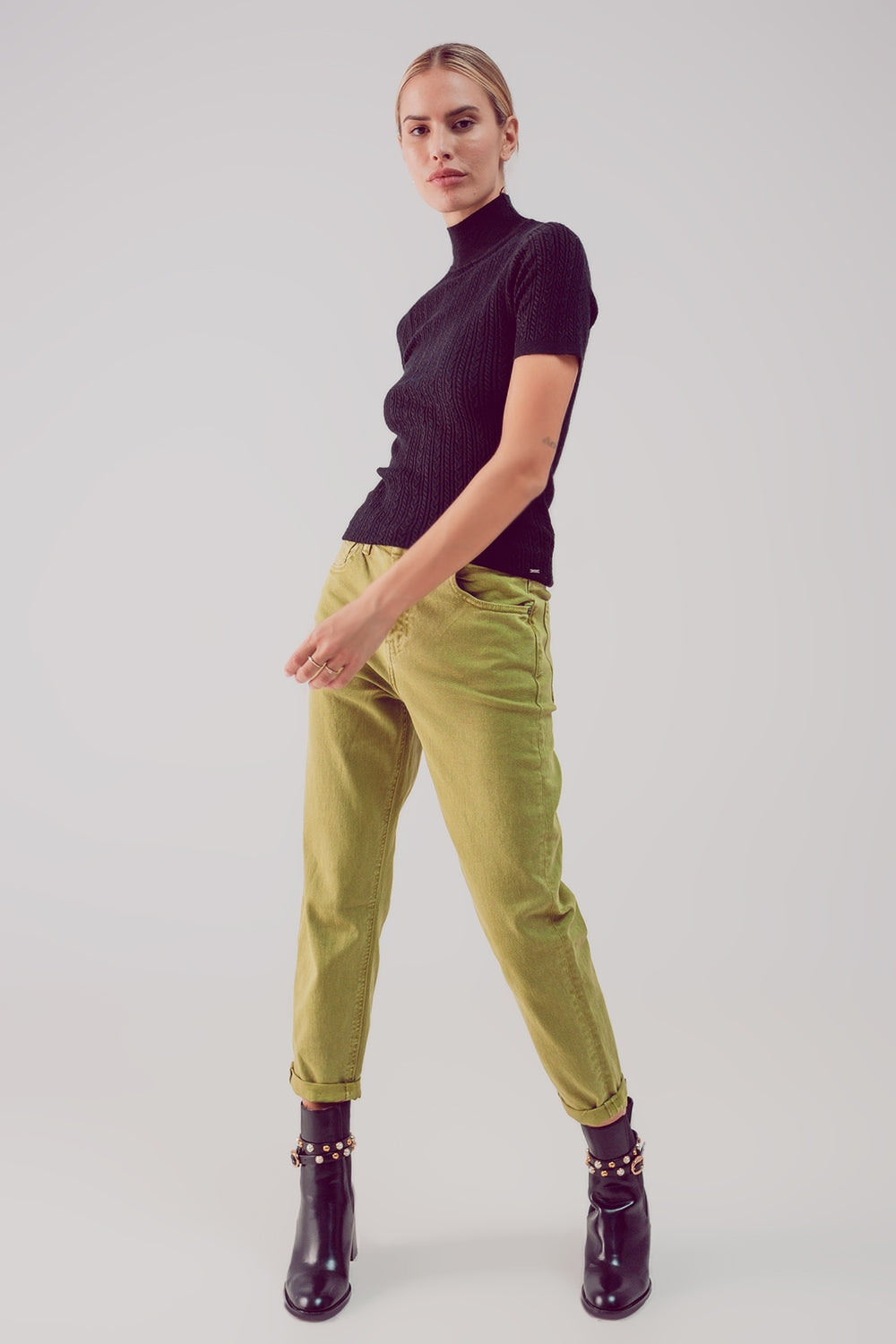 Jeans a vita medio alta in cotone verde lime
