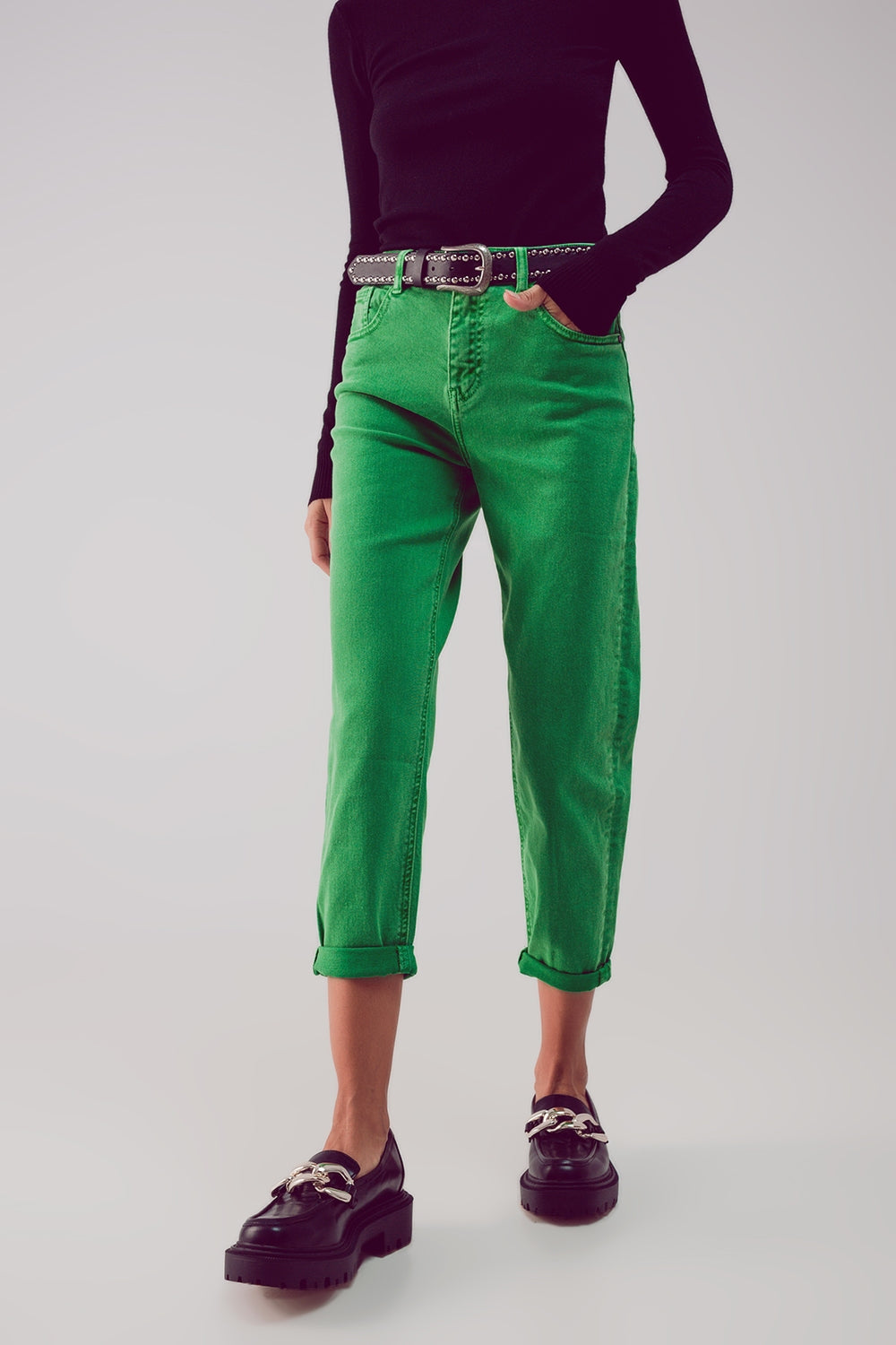 Q2 Jeans a vita medio alta in cotone verde