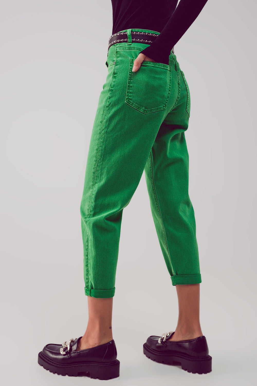 Jeans a vita medio alta in cotone verde