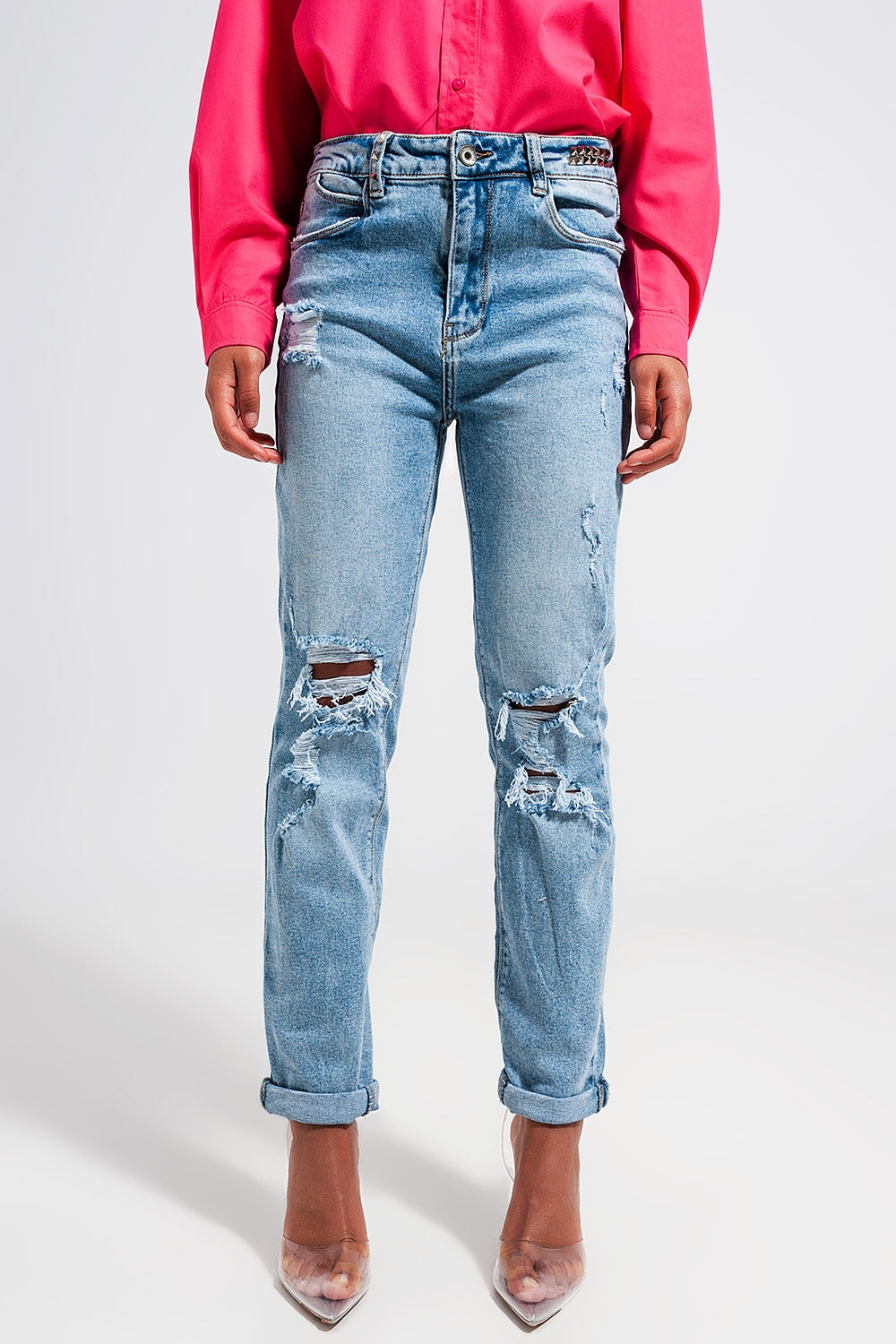 Q2 Jeans con doppio strappo blu chiaro