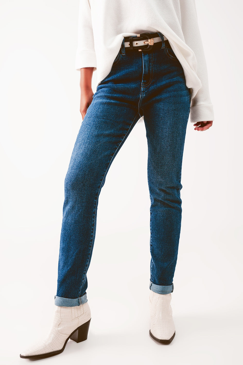 Q2 Jeans skinny a vita alta lavaggio blu medio