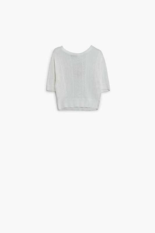 Maglia con maniche a 3/4 in maglia bianca e dettagli a righe zig zag