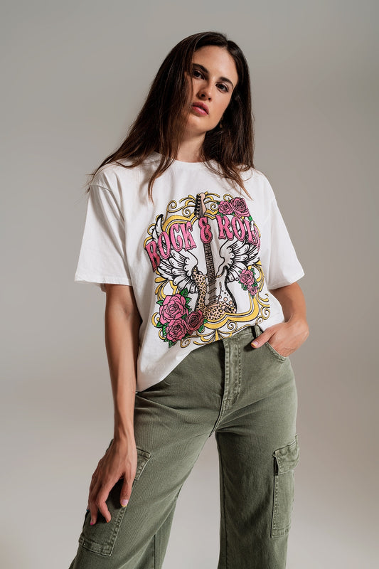 Q2 Maglietta bianca con stampa Vintage Rock and Roll