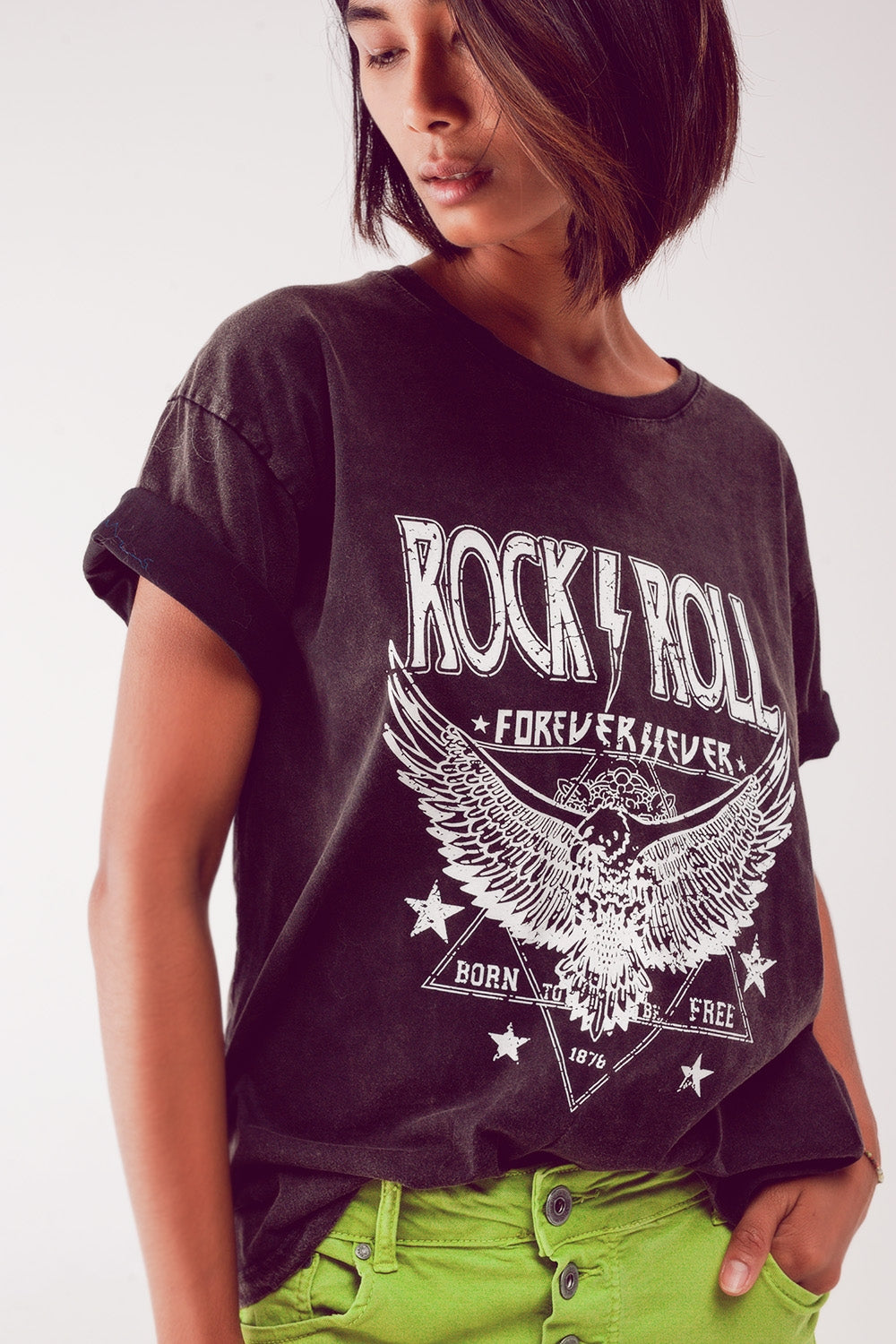 Q2 Maglietta grafica Rock n Roll nera