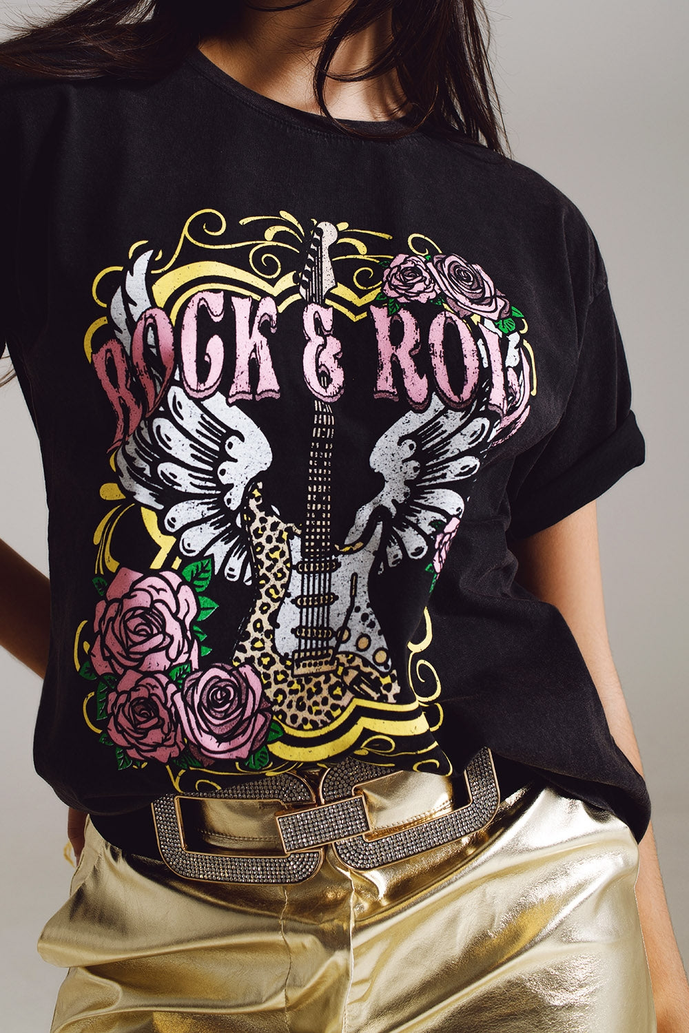 Maglietta stampata vintage Rock and Roll in nero