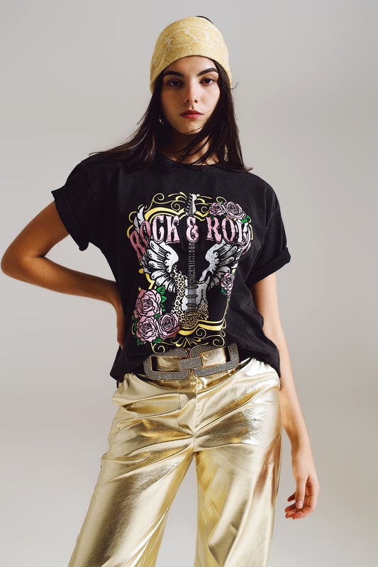 Q2 Maglietta stampata vintage Rock and Roll in nero
