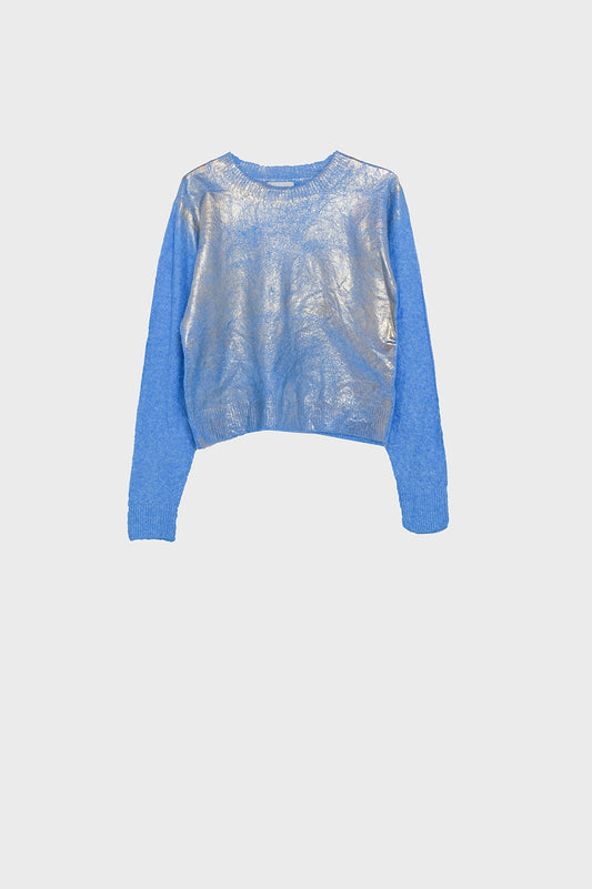 Q2 maglione blu con scollo rotondo e oro metallizzato