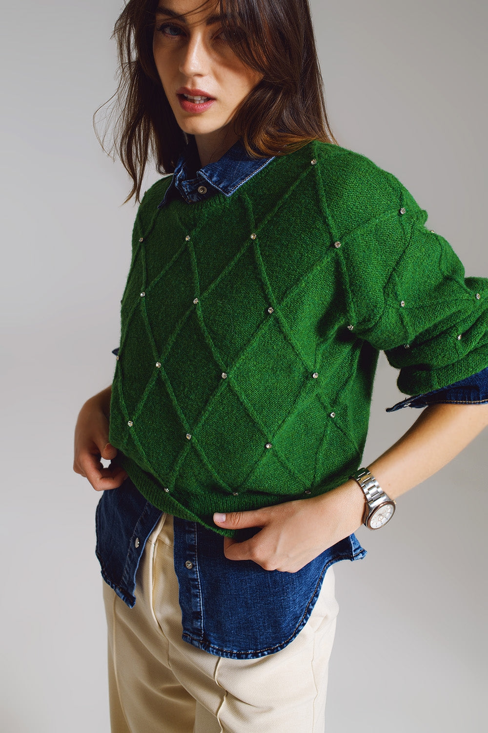 Maglione con motivo a rombi in maglia con dettagli decorati in verde