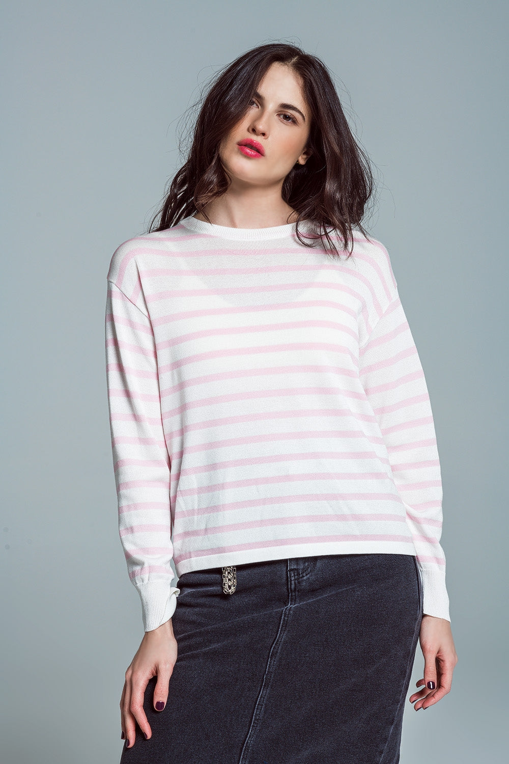 Maglione girocollo Basic Stripe in rosa