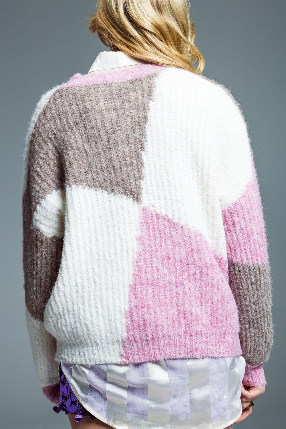 Maglione oversize a blocchi di colore a coste grosse rosa e marrone