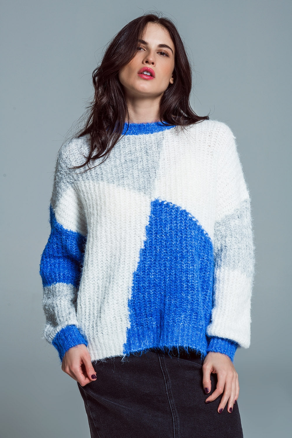Maglione oversize a blocchi di colore in blu e bianco a coste grosse