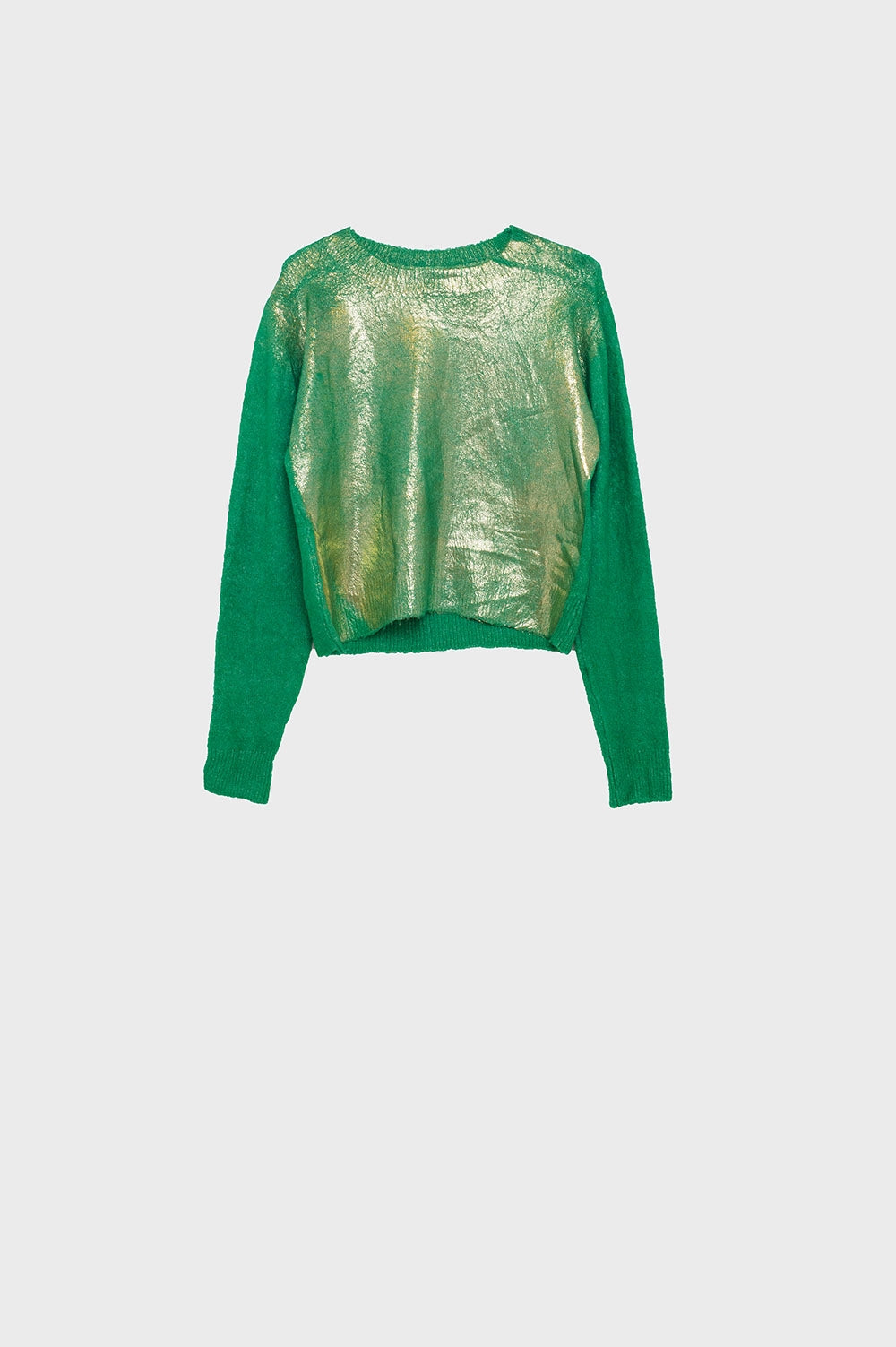 Q2 maglione verde con scollo rotondo e oro metallizzato