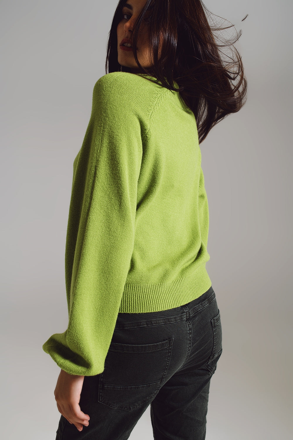 maglione verde dallo stile rilassato con maniche a palloncino