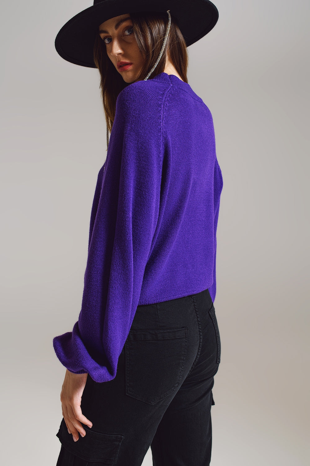 maglione viola dallo stile rilassato con maniche a palloncino