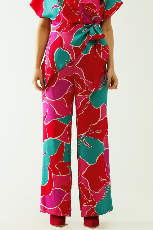 Q2 Pantalone a gamba larga colorato con disegni floreali