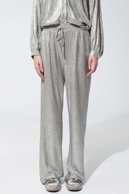 Q2 Pantaloni dritti dal taglio rilassato con finitura metallizzata e coulisse regolabile