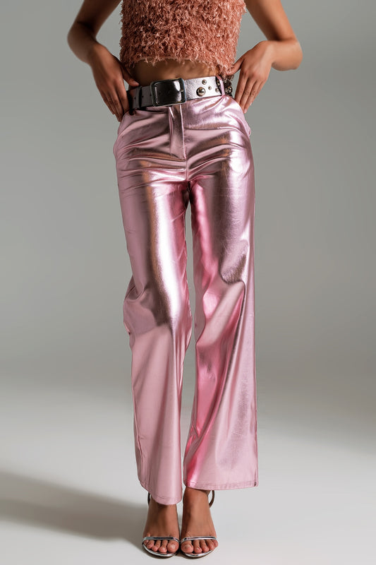 Pantaloni dritti metallizzati in rosa