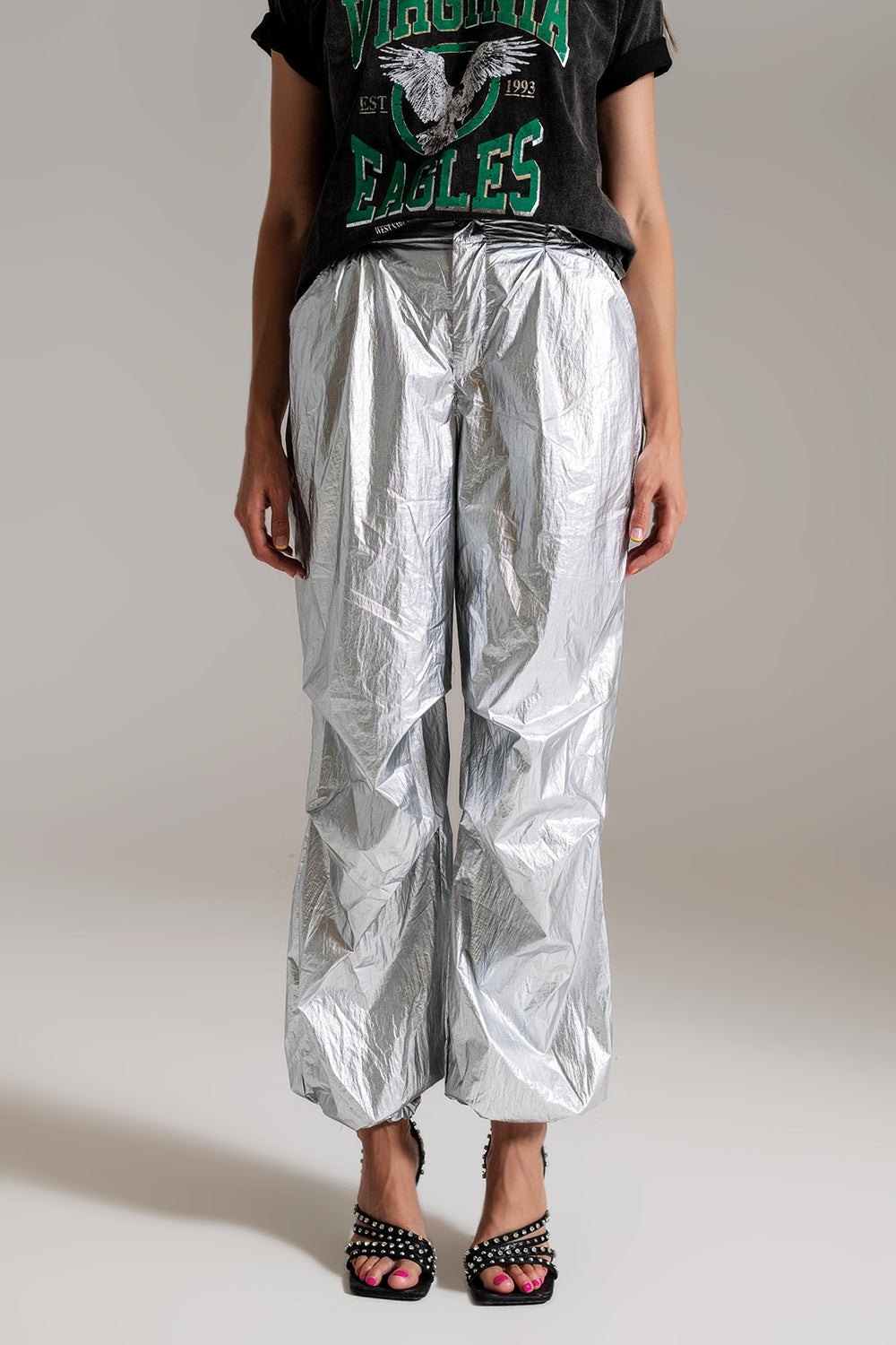 Q2 Pantaloni metallici con paracadute argentati oversize