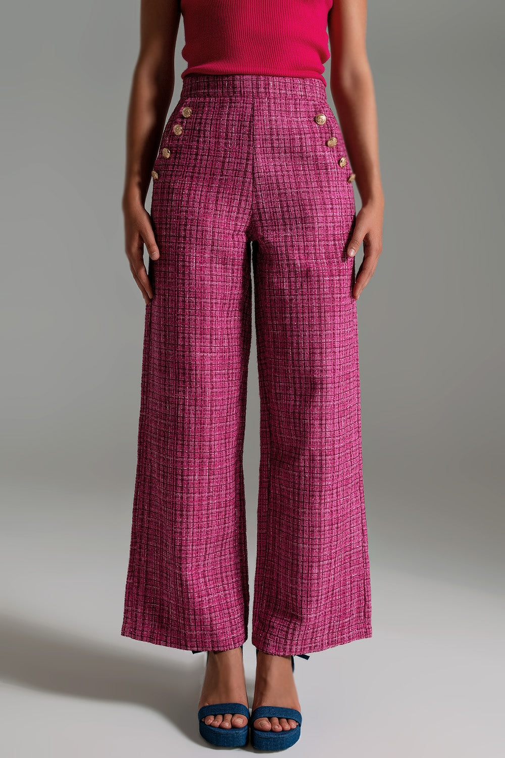 Q2 Pantaloni stile marinaio in tweed con dettagli a bottoni in rosa