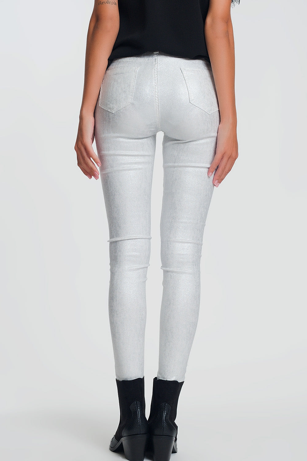 Pantaloni super skinny bianchi a vita alta con scintillio argento