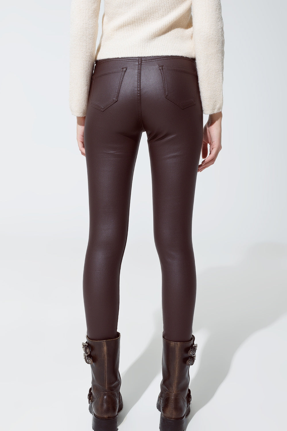 pantaloni super skinny in similpelle Marrone scuro
