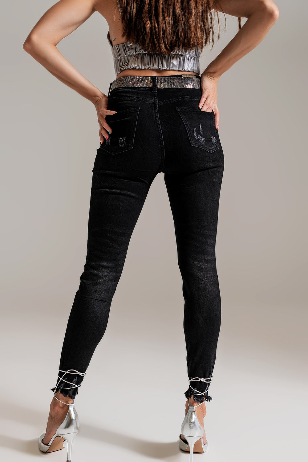 Skinny Jeans Con Dettagli Imbottiti in Tinta Nera