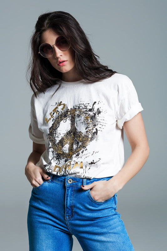 Q2 T-shirt a manica corta con disegno grafico Peace Sign sul davanti color crema