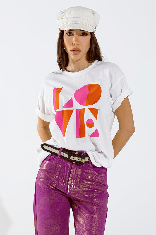 Q2 T-shirt con stampa digitale LOVE art déco in bianco