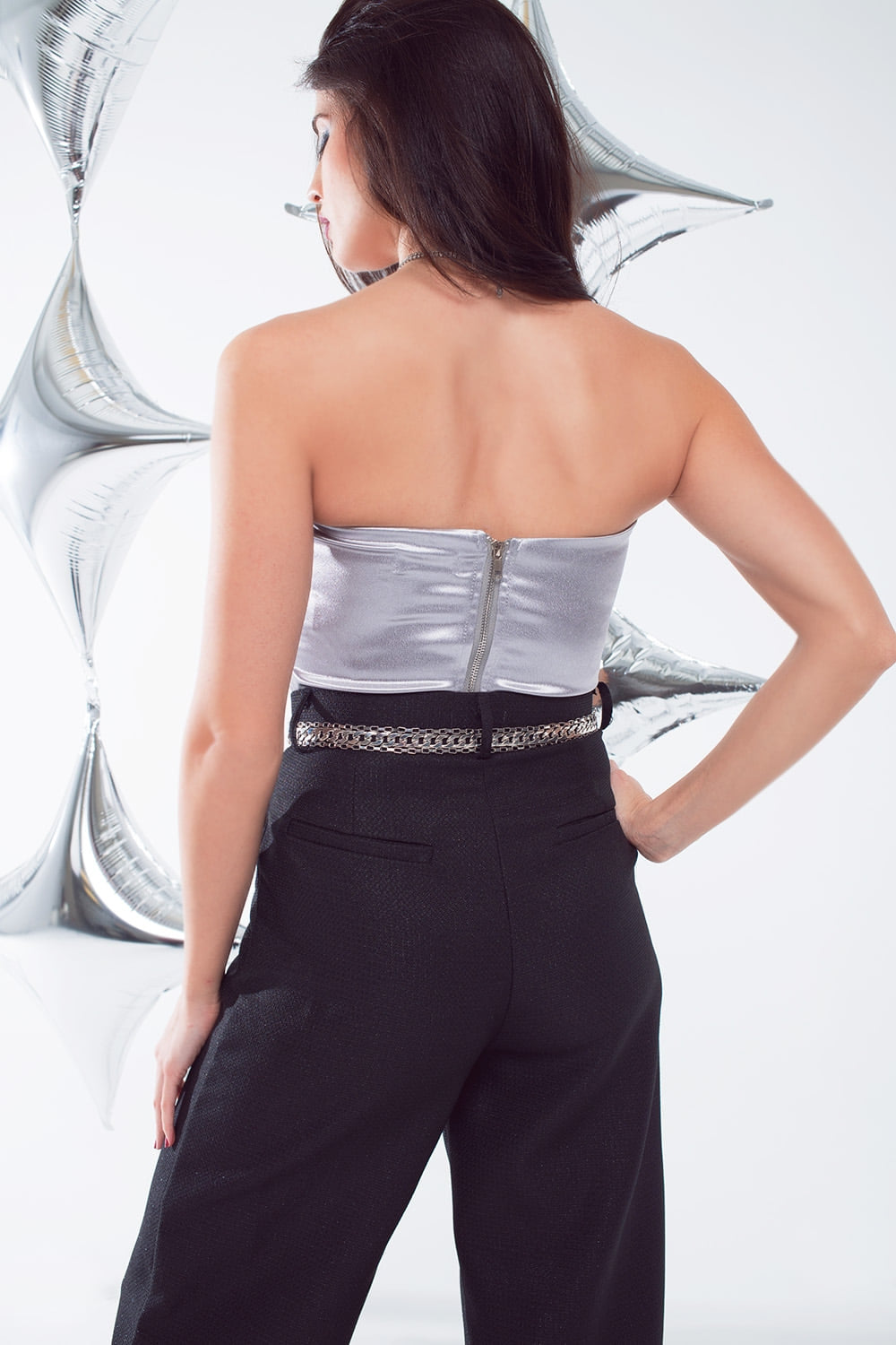 Top stile corsetto senza spalline in argento