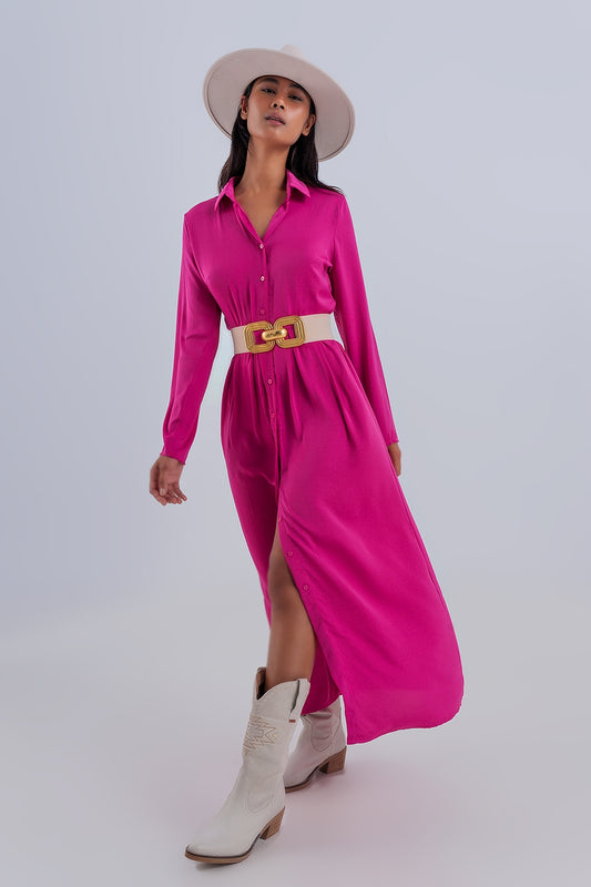 Q2 Vestito camicia largo maxi color fucsia acceso