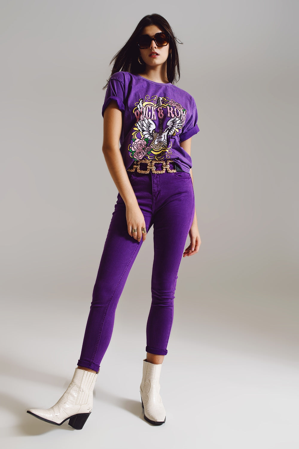 Vintage Rock and Roll T-shirt con stampa in viola